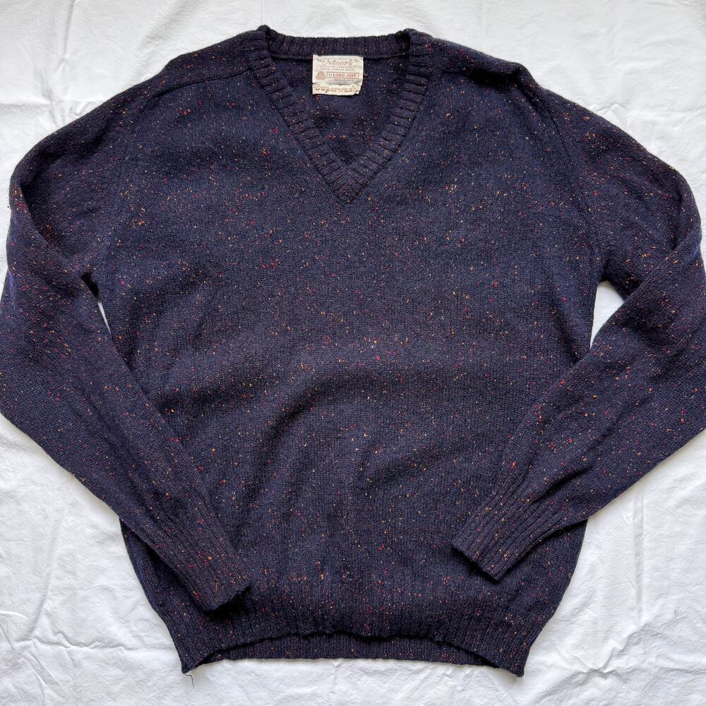 Vintage The Moors Lord Jeff Wool Sweater VNeck Navy Speckled Cottage Core Cozy L